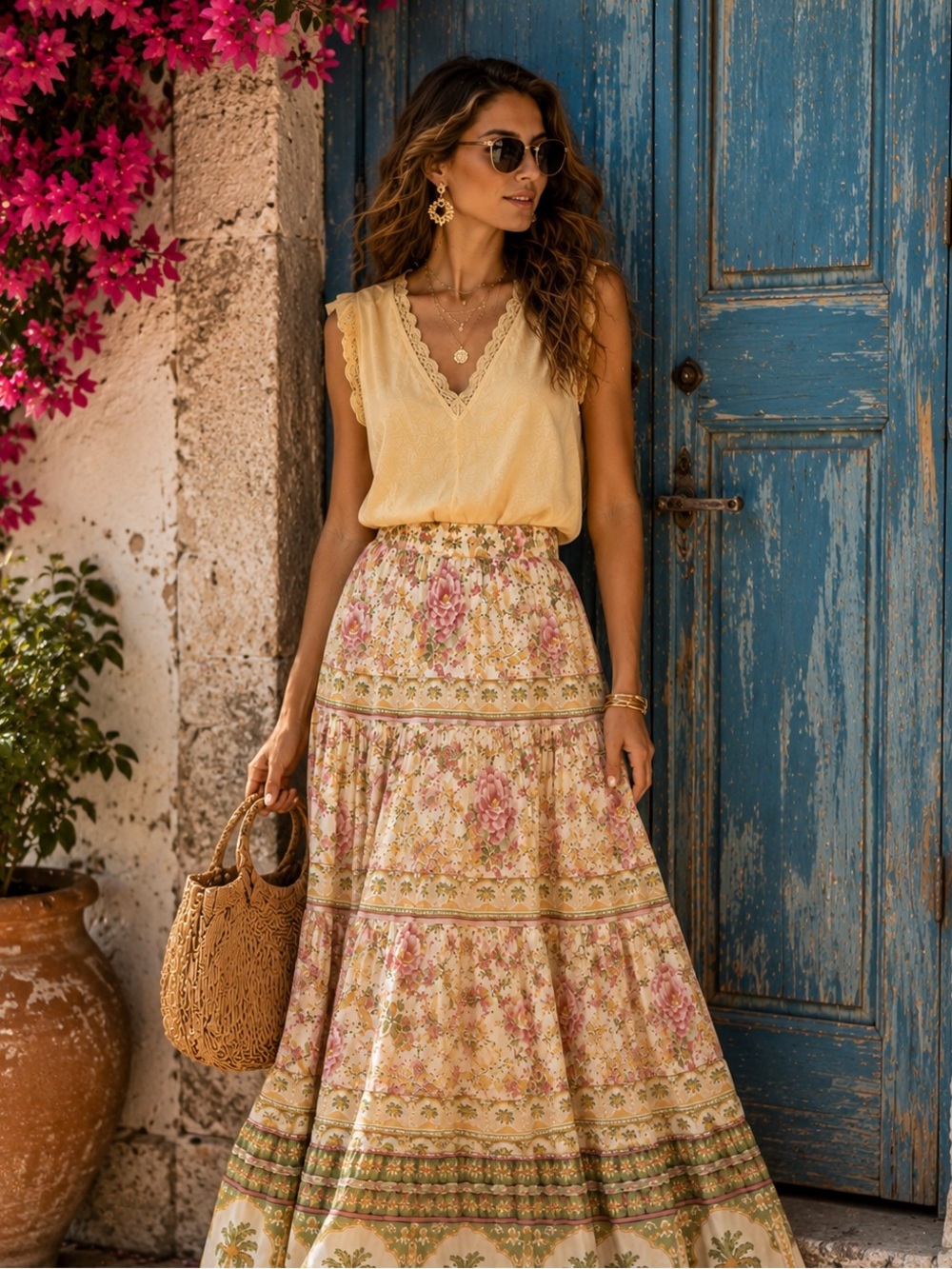 NWT Calypso St. Barth Resort Floral Palm Maxi Skirt Pink Green Luxury Boho